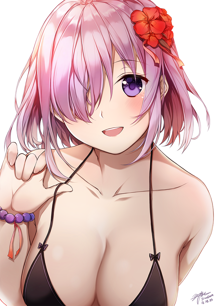 1girl, bangs, beads, bikini_top, blush, bracelet, breasts, cleavage