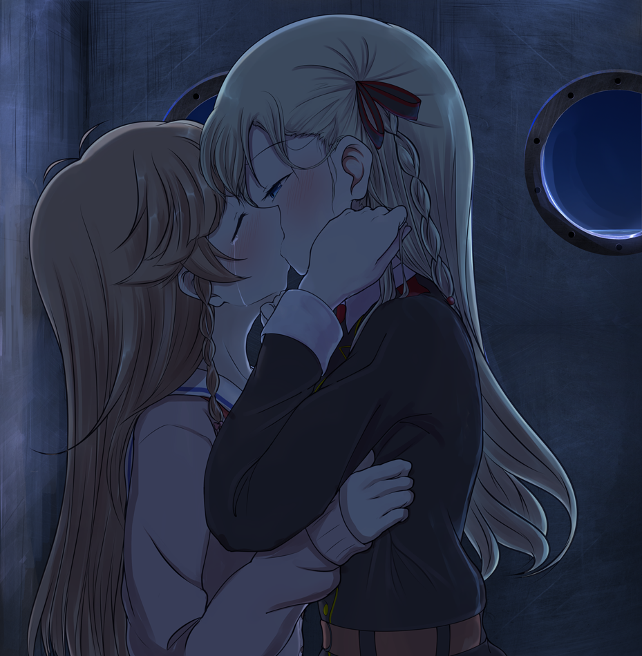 2girls, 5tb, adjusting_hair, antenna_hair, beige_sweater, black_jacket, black_ribbon, blonde_hair