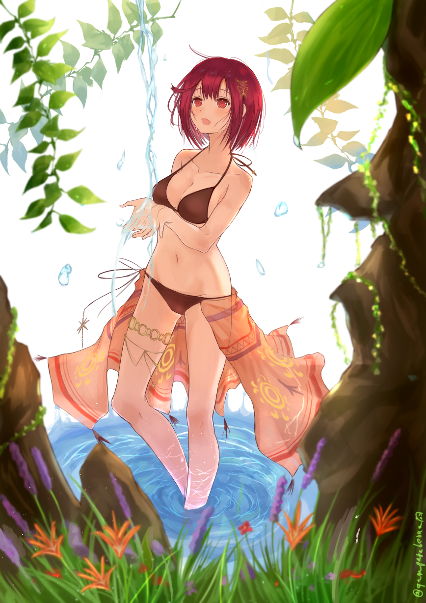 1girl, atelier_(series), atelier_sophie, bikini, black_bikini, breasts, cleavage, collarbone, day, hair_ornament, halterneck, highres, looking_up, medium_breasts, navel, open_mouth, orange_eyes, outdoors, qmmparabellum, redhead, sarong, see-through, short_hair, sideboob, solo, sophie_neuenmuller, standing, swimsuit, tree, wading