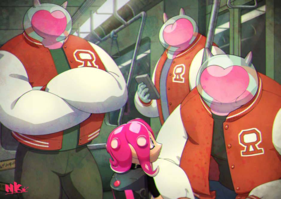 1girl, 3boys, agent_8, black_shirt, crossed_arms, grey_eyes, jacket, letterman_jacket