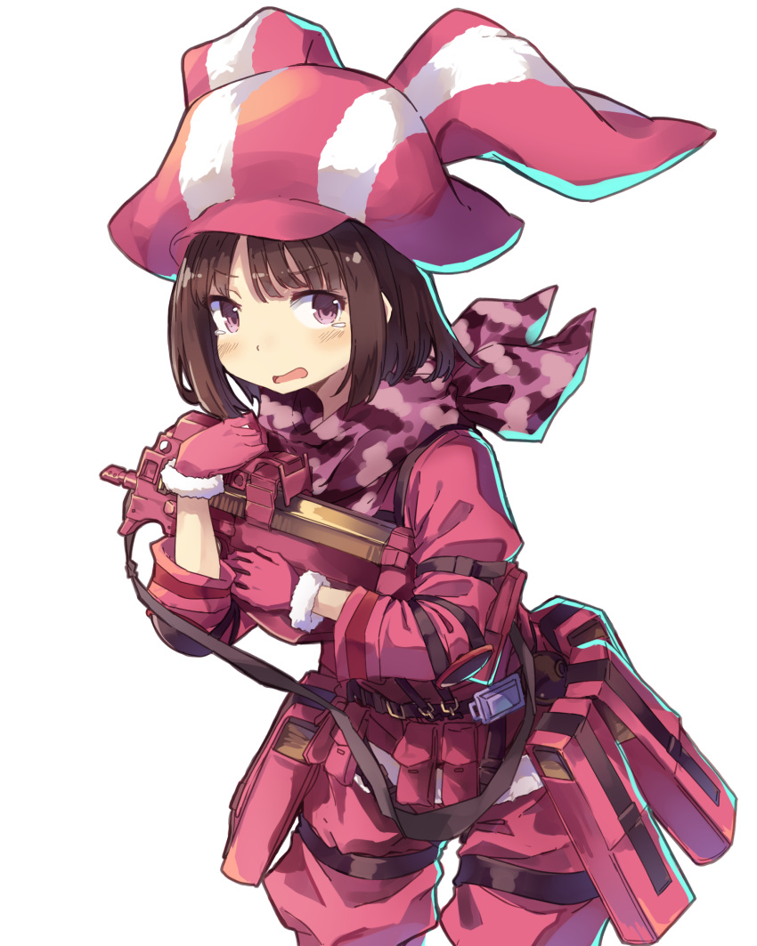 1girl, absurdres, animal_hat, belt, brown_hair, bullpup, bunny_hat, elbow_pads