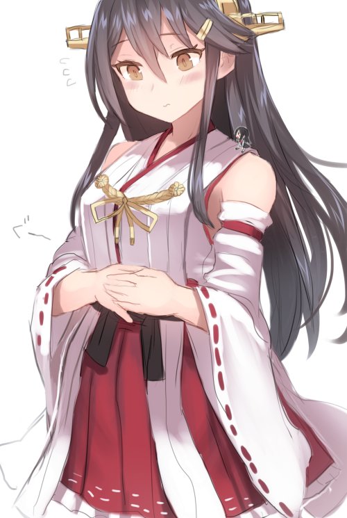 bare_shoulders, black_hair, breasts, brown_eyes, detached_sleeves, fairy_(kantai_collection), giantess, hair_between_eyes