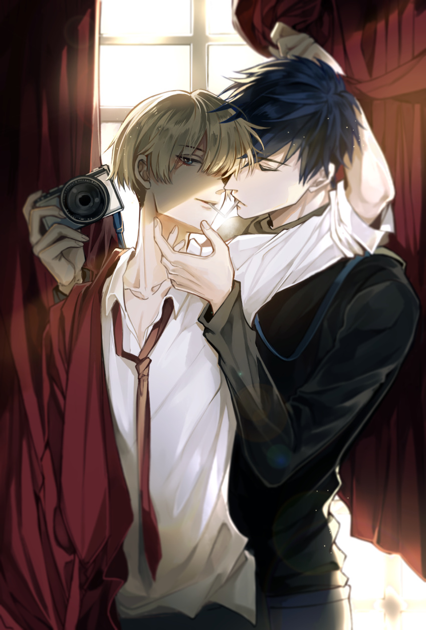 2boys, acca_13-ku_kansatsu-ka, arm_up, black_hair, black_shirt, blue_eyes, camera, closed_eyes