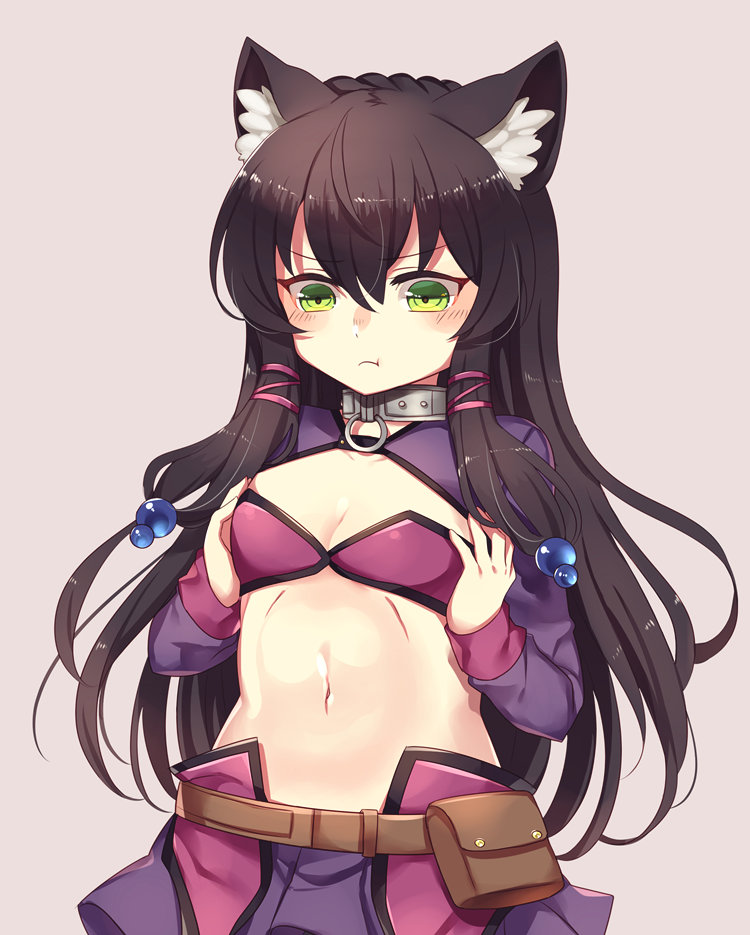 1girl, animal_ears, beads, belt, bikini_top, black_hair, breast_conscious, breast_squeeze, breasts, cat_ears, cleavage, collar, commentary_request, green_eyes, hair_beads, hair_ornament, isekai_maou_to_shoukan_shoujo_dorei_majutsu, long_hair, miniskirt, mohuta1203, navel, pouch, pout, purple_bikini_top, purple_skirt, rem_galeu, skirt, small_breasts, solo, upper_body