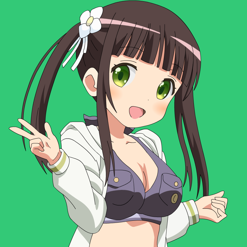 1girl, :d, bangs, blunt_bangs, blush, breast_pocket, breasts, brown_hair