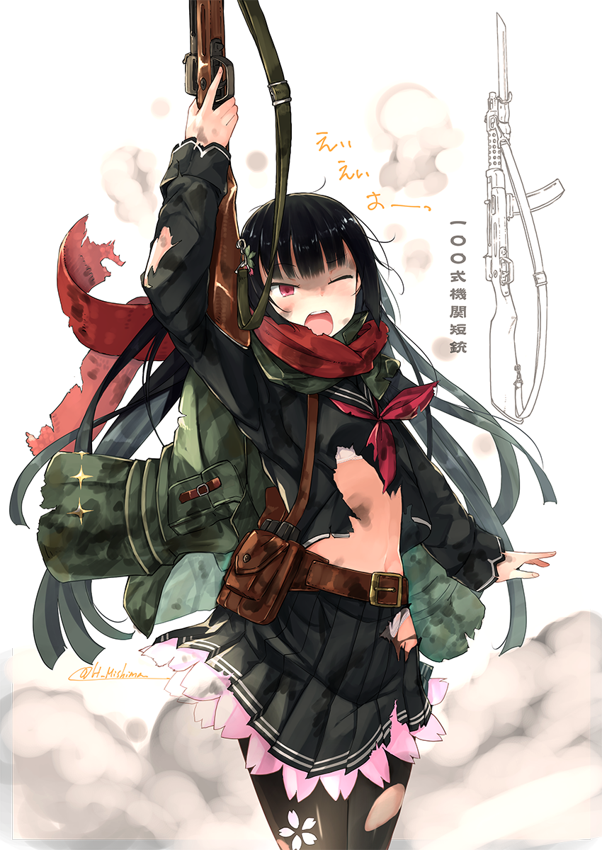 1girl, black_hair, black_serafuku, bra, bra_peek, cherry_blossom_print, cherry_blossoms, girls_frontline