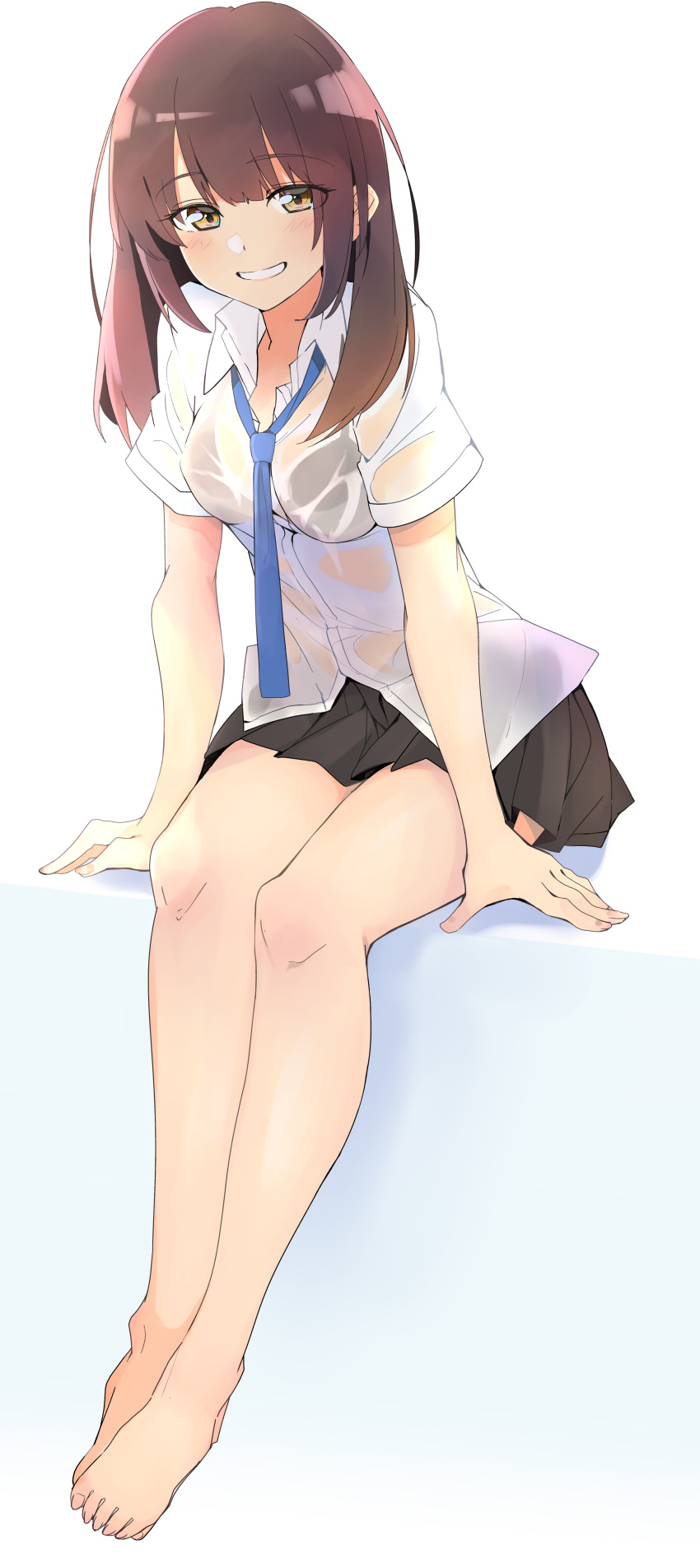 1girl, absurdres, bangs, bare_legs, barefoot, black_bra, black_skirt, blue_neckwear