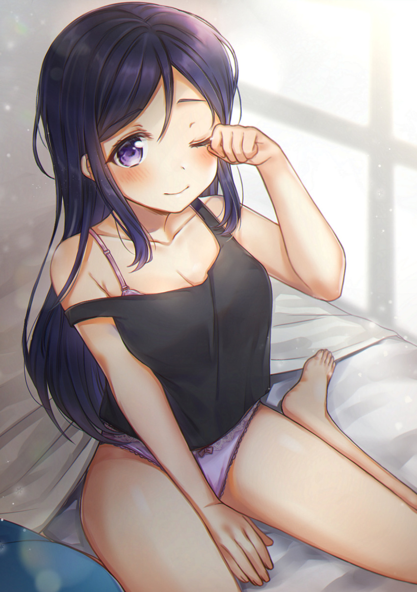 1girl, ;), barefoot, bed, bed_sheet, black_tank_top, blue_hair, blush, bra_strap, breasts, cleavage, commentary, eyebrows_visible_through_hair, hair_between_eyes, hair_down, highres, indoors, lace, lace-trimmed_panties, lens_flare, lens_flare_abuse, long_hair, looking_at_viewer, love_live!, love_live!_sunshine!!, matsuura_kanan, mkzk_nagi, on_bed, one_eye_closed, panties, purple_panties, rubbing_eyes, sitting, sitting_on_bed, sleeveless, smile, solo, strap_slip, thighs, underwear, violet_eyes, waking_up, wariza, window