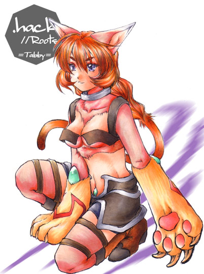 .hack//g.u., .hack//games, .hack//roots, animal_ears, boots, breasts, cat_ears, cat_paws, cleavage, midriff, navel, paws, ponytail, purple_eyes, tabby, thigh-highs, thigh_boots, thighhighs, violet_eyes