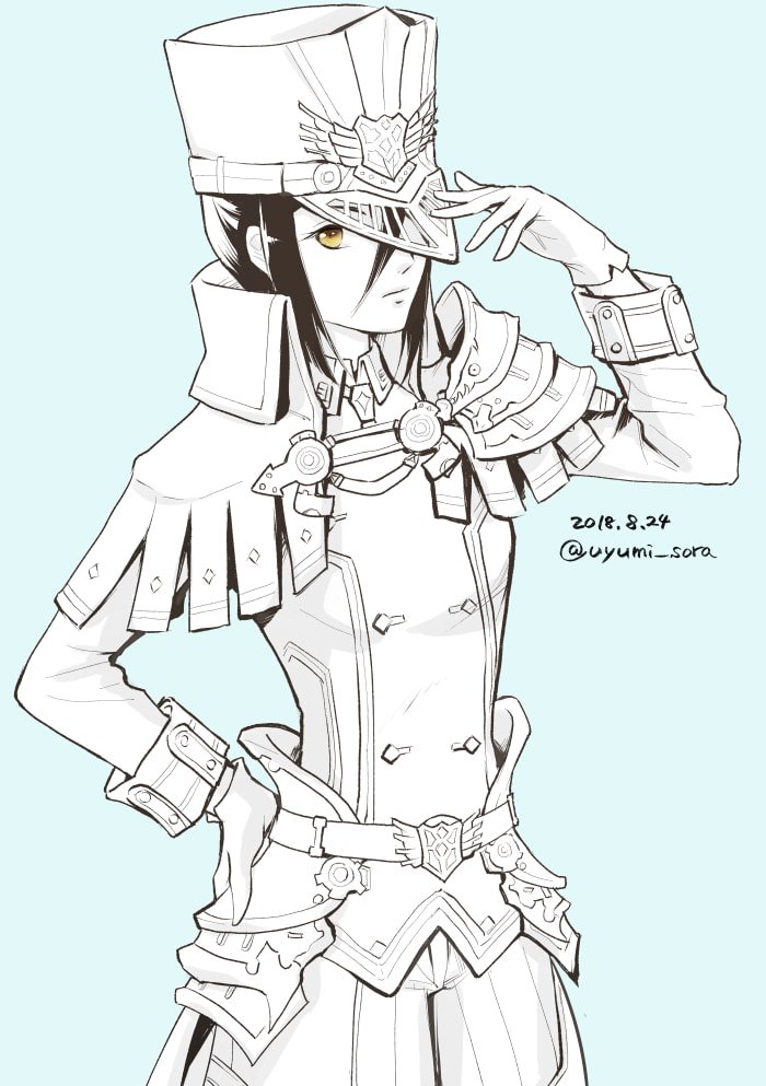 1girl, gloves, hat, looking_at_viewer, meleph_(xenoblade), military, military_hat, military_uniform