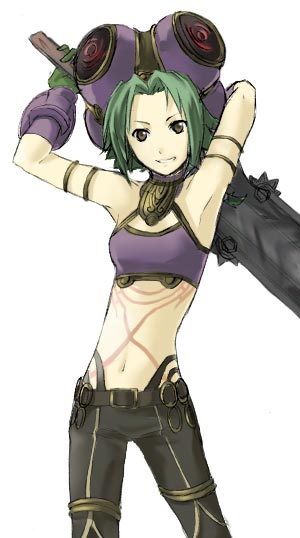 .hack//g.u., .hack//games, .hack//roots, armband, armpits, arms_up, asta, belt, crop_top, gloves, green_hair, grey_eyes, hat, midriff, pants, short_hair, smile, solo, sword, tattoo, thigh_strap, weapon