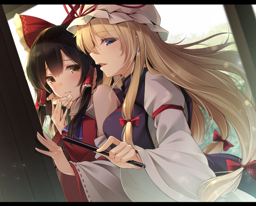 2girls, :t, ascot, bangs, bare_shoulders, black_hair, blue_neckwear, blush