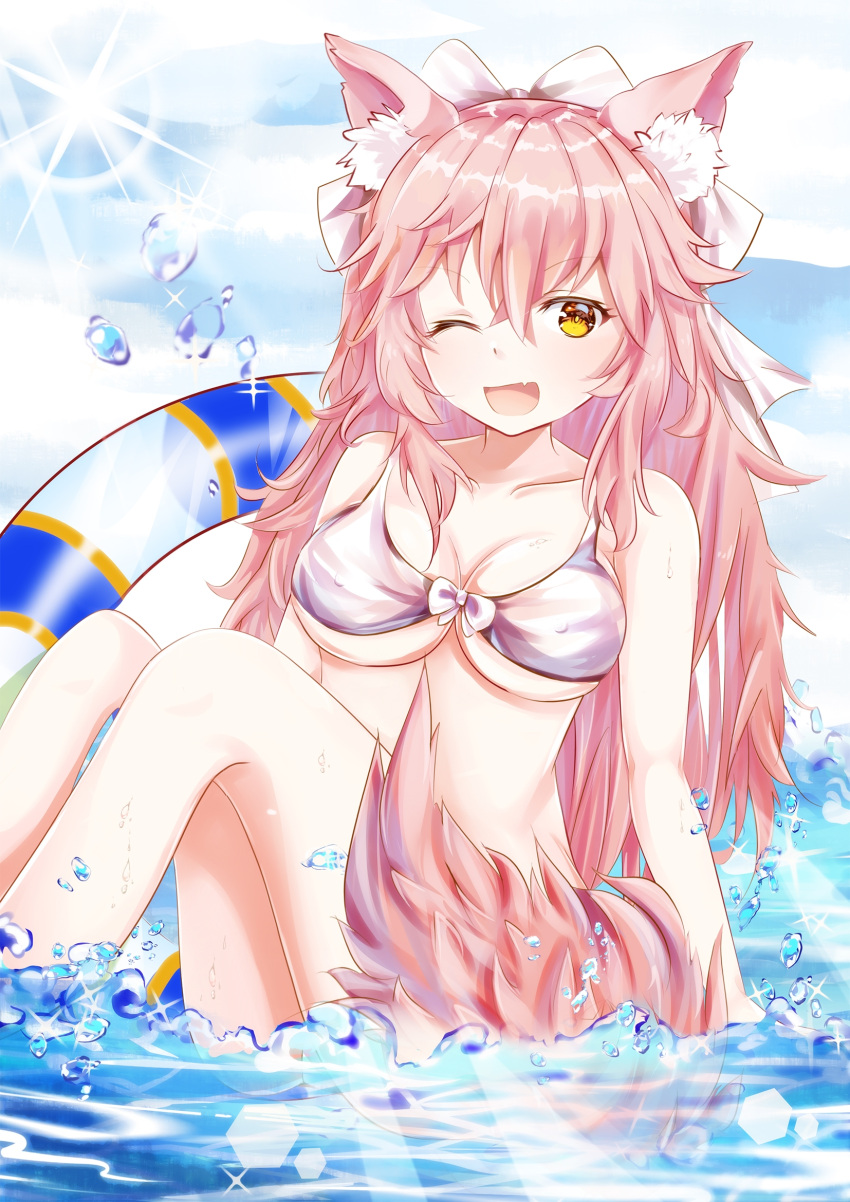 1girl, ;d, animal_ears, bangs, bikini, blue_sky, bow, breasts