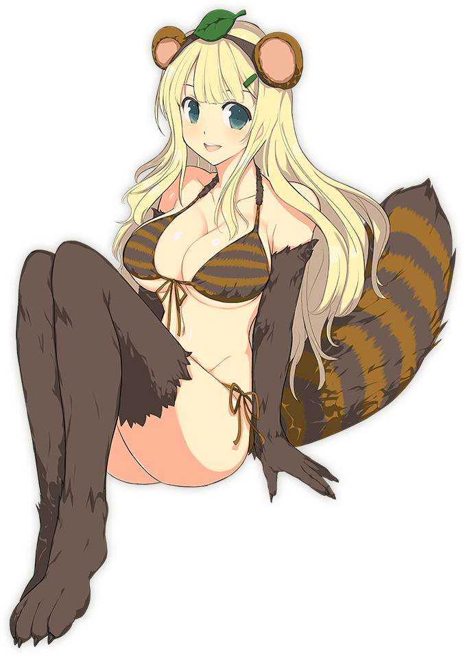 1girl, :d, animal_ears, bare_shoulders, bikini, blonde_hair, breasts, cleavage, full_body, fur_trim, hair_ornament, hairclip, large_breasts, leaf, leaf_on_head, long_hair, looking_at_viewer, official_art, open_mouth, raccoon_ears, raccoon_tail, senran_kagura, senran_kagura_peach_ball, smile, solo, swimsuit, tail, teeth, transparent_background, yaegashi_nan, yomi_(senran_kagura)