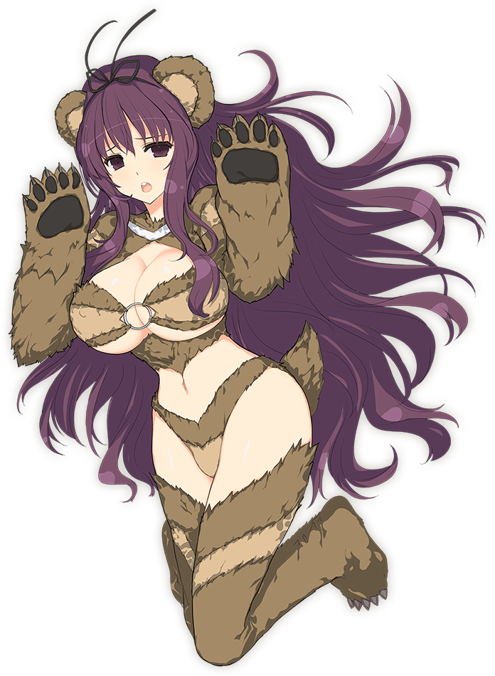 1girl, animal_ears, bear_ears, bear_paws, bear_tail, black_ribbon, breasts, cleavage