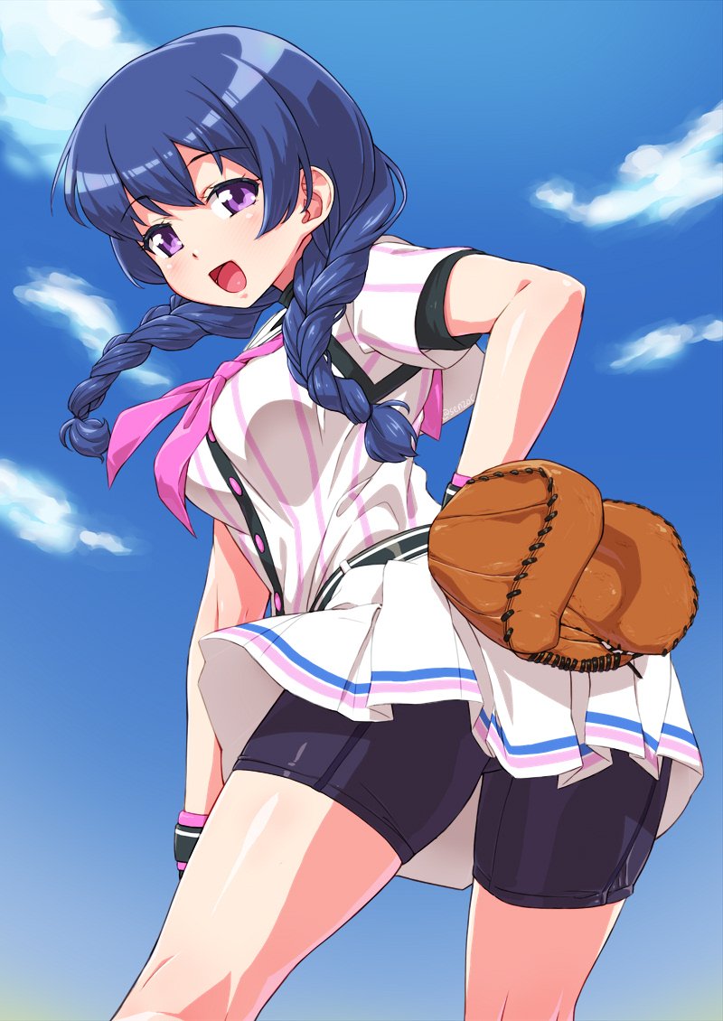 1girl, :d, baseball_glove, baseball_uniform, bike_shorts, black_shorts, blue_hair, blue_sky