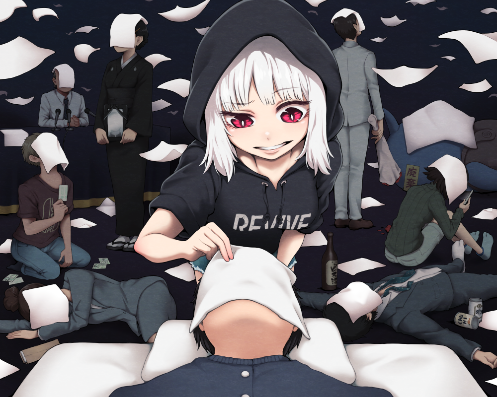 4girls, 5boys, beer_can, black_hoodie, black_kimono, blue_jacket, blue_shorts, blue_skirt