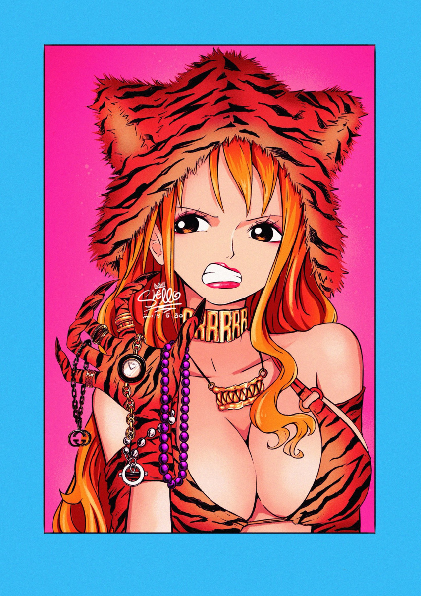 1girl, animal_hat, animal_print, armband, bare_shoulders, bikini_top, blue_border, border, bracelet, breasts, brown_eyes, chain, chains, choker, cleavage, gloves, gold_chain, hat, highres, jewelry, large_breasts, long_hair, nami_(one_piece), necklace, one_piece, orange_hair, portrait, purple_background, ring, sherumaru_(korcht06), simple_background, solo, tiger_hat, tiger_print, tiger_stripe_bikini, tiger_stripes, watch