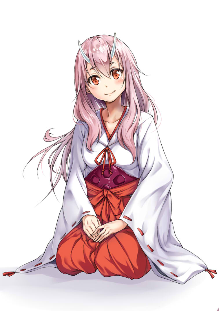 1girl, blush, hakama, hands_on_lap, horns, japanese_clothes, looking_at_viewer, miko, orange_eyes, purple_hair, red_hakama, ribbon-trimmed_sleeves, ribbon_trim, sayuuiede, seiza, shuna_(tensei_shitara_slime_datta_ken), sitting, smile, solo, tensei_shitara_slime_datta_ken, white_background, wide_sleeves