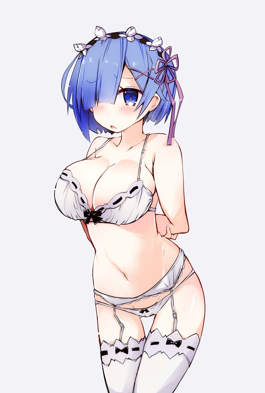 1girl, arms_behind_head, ass_visible_through_thighs, blue_eyes, blue_hair, bow, bow_bra, bow_legwear
