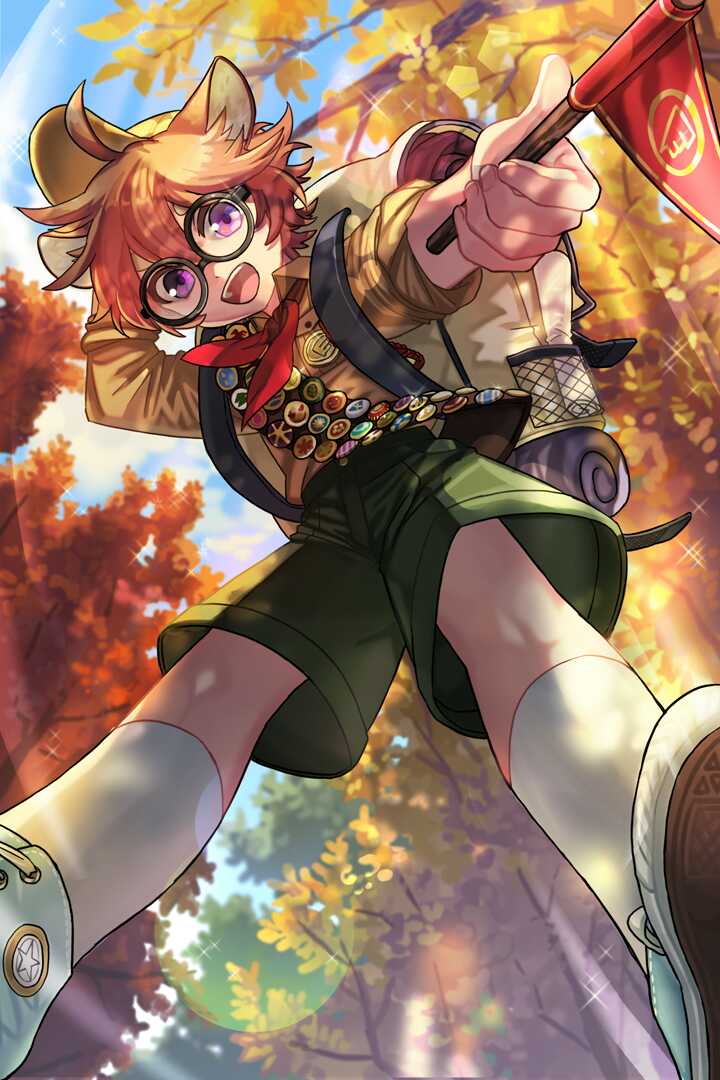 1boy, ahoge, animal_ears, autumn, autumn_leaves, backpack, bag, black-framed_eyewear, boy_scout, from_below, glasses, hamster_boy, hamster_ears, hat, leaf, male_focus, noah_(saibai_shounen), open_mouth, orange_hair, outdoors, round_eyewear, saibai_shounen, shoes, shorts, smile, sneakers, socks, solo, tree, violet_eyes