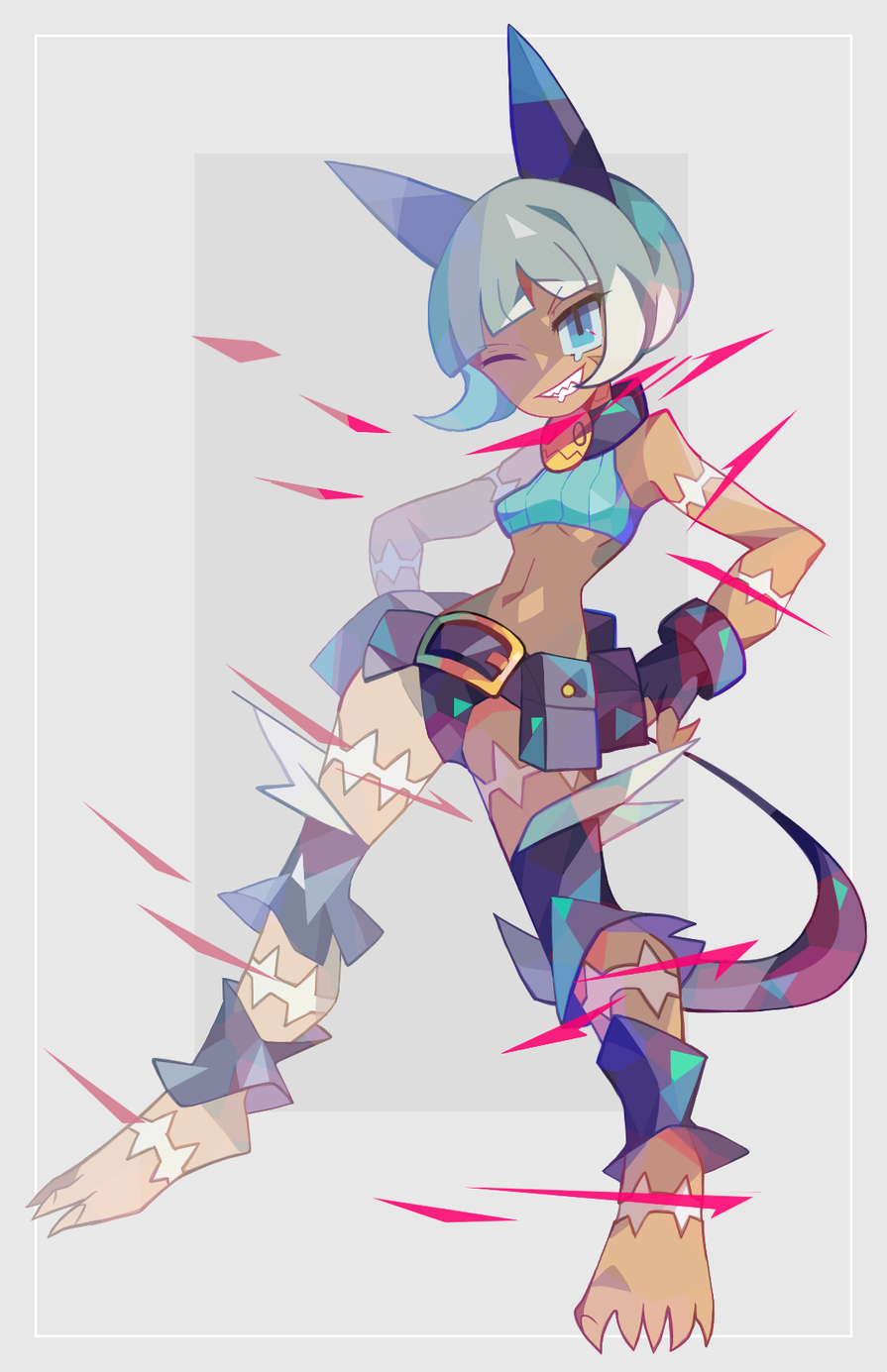 1girl, amakusa_(hidorozoa), animal_ears, barefoot, bell, bell_collar, belt, black_gloves, black_panties, blue_eyes, cat_ears, cat_tail, collar, fingerless_gloves, full_body, gloves, grey_background, grey_hair, grin, hands_on_hips, highres, legs_apart, looking_at_viewer, ms._fortune_(skullgirls), navel, one_eye_closed, panties, scar, sharp_teeth, sharp_toenails, short_hair, skullgirls, smile, solo, standing, tail, teeth, toenails, underwear