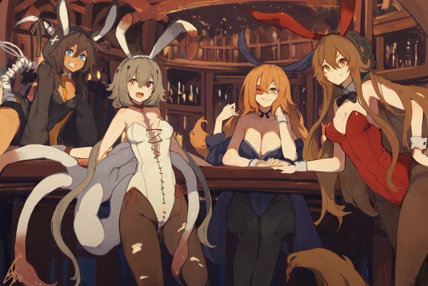 4girls, :d, animal_ears, bare_shoulders, black_choker, black_legwear, black_leotard, black_neckwear, blue_eyes, blue_leotard, bottle, bow, bowtie, breasts, brown_hair, brown_legwear, bunny_girl, bunnysuit, choker, cleavage, colho_(lansane), detached_collar, extra_arms, fake_animal_ears, gloves, grey_hair, hair_between_eyes, hair_ornament, hairband, heterochromia, highres, indoors, lansane, large_breasts, leotard, long_hair, looking_at_viewer, medium_breasts, monster_girl, multiple_girls, necktie, one_eye_closed, open_mouth, orange_eyes, orange_hair, orange_neckwear, orange_ribbon, original, pantyhose, quadriri_(lansane), rabbit_ears, red_eyes, ribbon, scar, side-tie_leotard, sitting, smile, standing, table, tail, tail_ribbon, torn_clothes, torn_pantyhose, tsana_(lansane), vararia_(lansane), very_long_hair, white_gloves, white_leotard, wrist_cuffs, yellow_eyes
