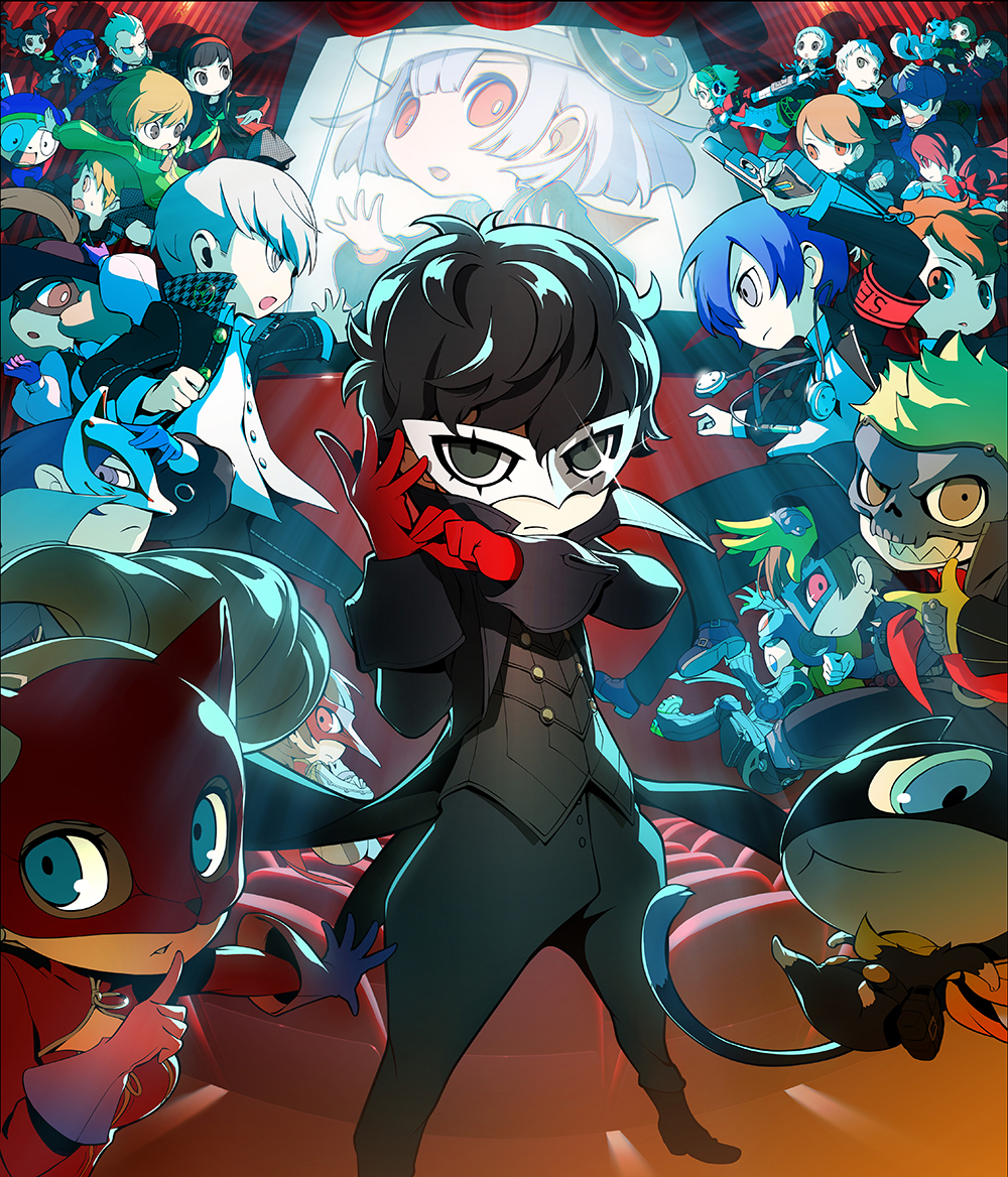6+boys, 6+girls, aegis_(persona), akechi_gorou, amada_ken, amagi_yukiko, amamiya_ren, android, aragaki_shinjirou, bandanna, black_hair, blonde_hair, blue_eyes, blue_hair, brown_eyes, brown_hair, cat, dog, domino_mask, everyone, evoker, female_protagonist_(persona_3), gekkoukan_high_school_uniform, goggles, grey_eyes, grey_hair, hanamura_yousuke, hat, hat_feather, hikari_(pq2), iori_junpei, kirijou_mitsuru, kitagawa_yuusuke, koromaru, kujikawa_rise, kuma_(persona_4), mask, morgana_(persona_5), multiple_boys, multiple_girls, narukami_yuu, niijima_makoto, official_art, okumura_haru, persona, persona_3, persona_3_portable, persona_4, persona_5, persona_q2:_new_cinema_labyrinth, persona_q_(series), red_eyes, redhead, sakamoto_ryuuji, sakura_futaba, sanada_akihiko, satonaka_chie, shirogane_naoto, takamaki_anne, takeba_yukari, tatsumi_kanji, yamagishi_fuuka, yasogami_school_uniform, yuuki_makoto