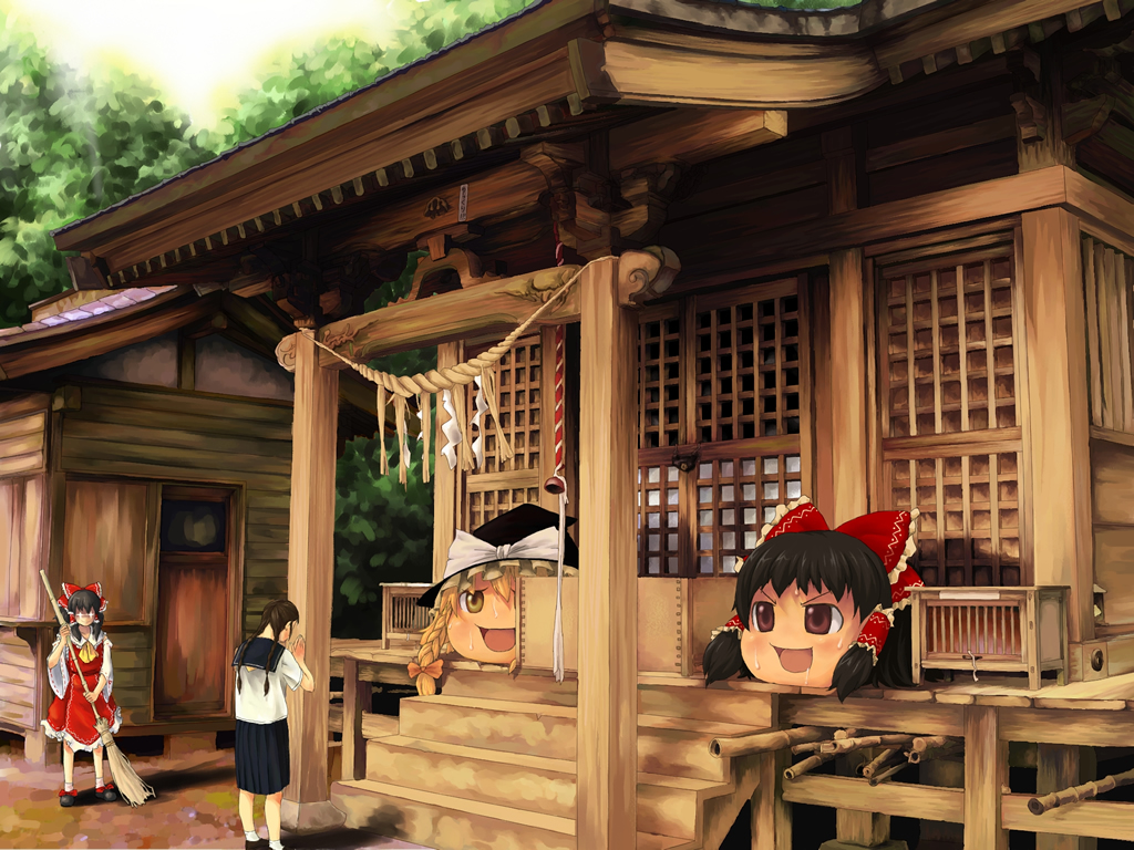 1024x768, broom, daizu, daizu_sanchi, hakurei_reimu, japanese_clothes, kirisame_marisa, miko