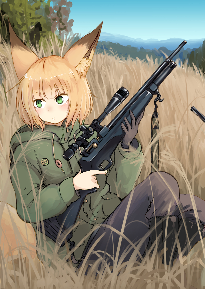 1girl, animal_ears, batta_(kanzume_quality), black_footwear, blonde_hair, blue_sky, boots, brown_gloves, closed_mouth, fox_ears, fox_girl, fox_tail, gloves, grass, green_eyes, grey_pants, gun, holding, holding_gun, holding_weapon, hunting, long_sleeves, looking_to_the_side, nib_pen_(medium), original, outdoors, pants, rifle, short_hair, single_glove, sitting, sky, sniper_rifle, solo, tail, traditional_media, trigger_discipline, weapon