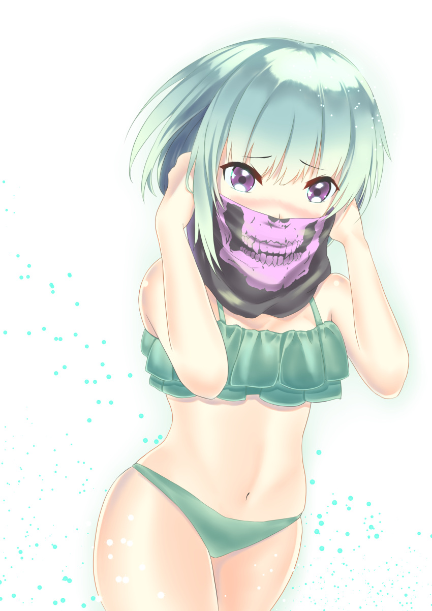 1girl, arms_up, bandana_over_mouth, bandanna, bangs, bare_arms, bare_shoulders, bikini