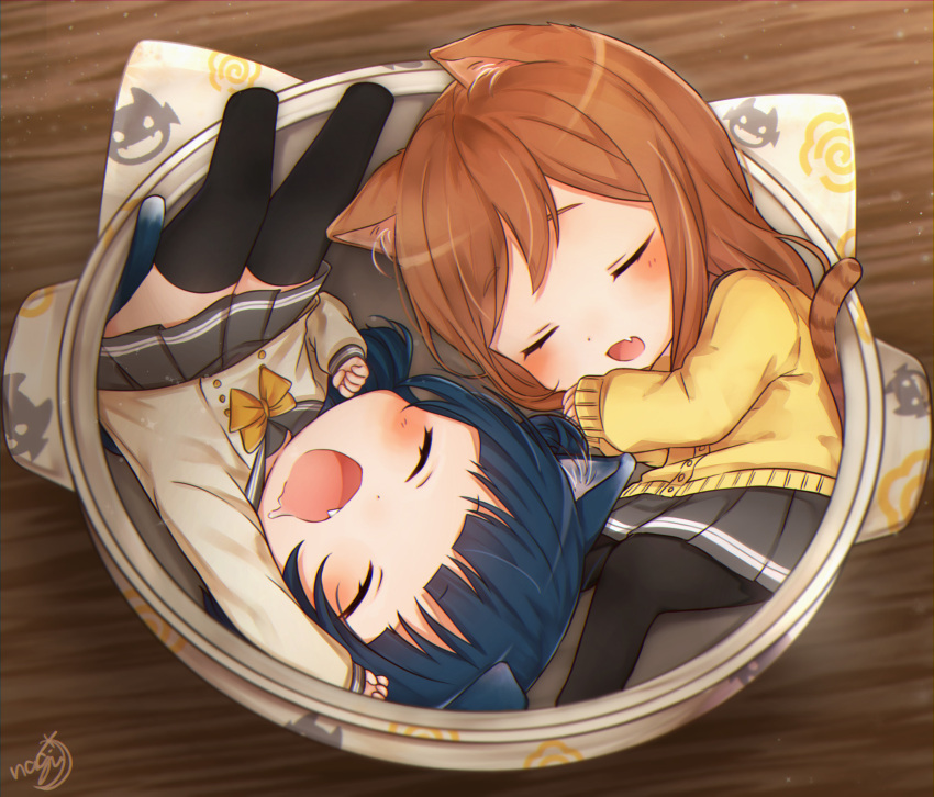 2girls, absurdres, animal_ears, artist_logo, bangs, black_legwear, blue_hair, blush, bow, brown_hair, cat_ears, cat_tail, chibi, closed_eyes, commentary_request, double-breasted, drooling, fang, grey_skirt, highres, in_bowl, in_container, kemonomimi_mode, kunikida_hanamaru, long_hair, long_sleeves, love_live!, love_live!_sunshine!!, mkzk_nagi, multiple_girls, neko_nabe, open_mouth, pantyhose, paw_pose, pot, school_uniform, serafuku, skirt, sleeping, sweater, tail, thigh-highs, tsushima_yoshiko, uranohoshi_school_uniform, yellow_bow, yellow_neckwear, yellow_sweater