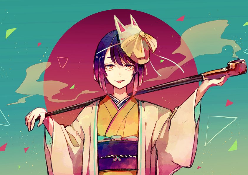 1girl, :p, akagi_shun, blue_background, brown_eyes, commentary_request, fox_mask, gradient_hair