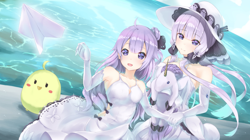 2girls, :d, ahoge, animal, azur_lane, bangs, bare_shoulders, bird