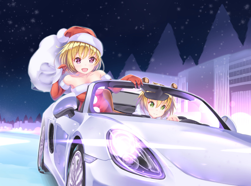2girls, :d, absurdres, antlers, bangs, bare_shoulders, blonde_hair, blush
