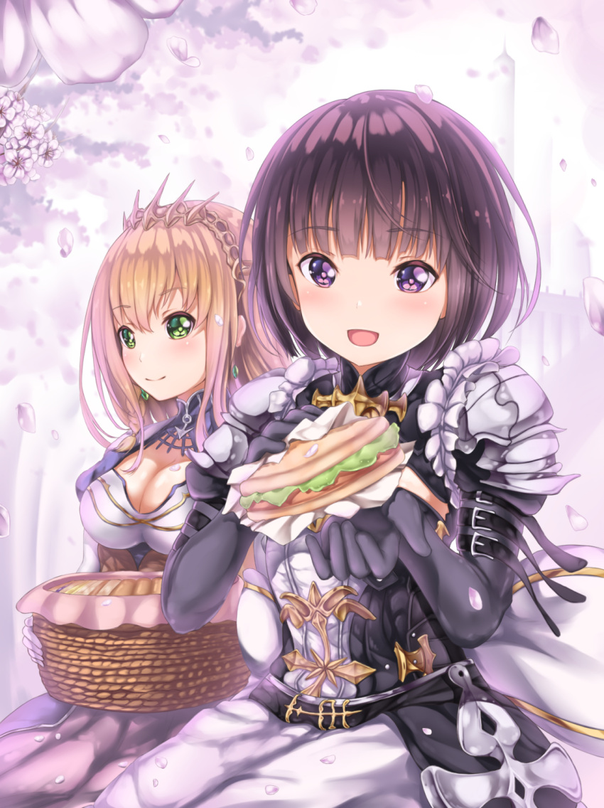 2girls, :d, bangs, basket, black_gloves, black_shirt, blush, braid