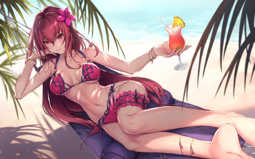 1girl, bangle, bangs, bare_legs, bare_shoulders, barefoot, beach, bendy_straw