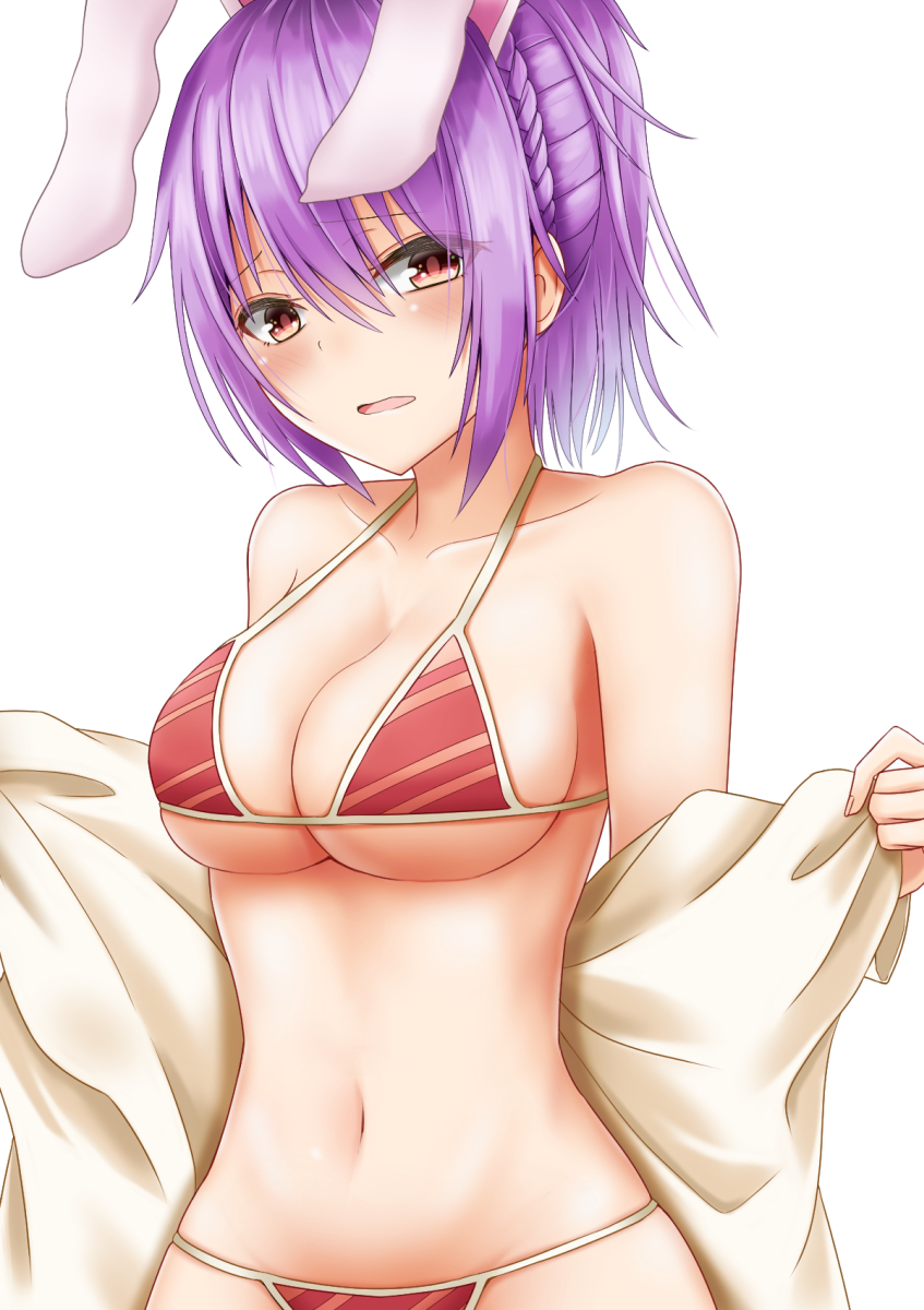 1girl, alternate_hairstyle, animal_ears, bangs, bare_shoulders, bikini, blush, braid