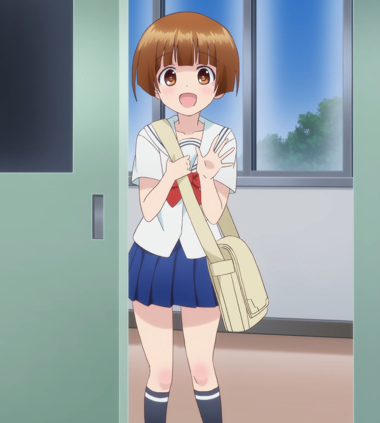 1girl, brown_eyes, brown_hair, highres, nakai_chitose, pleated_skirt, school_uniform, screencap