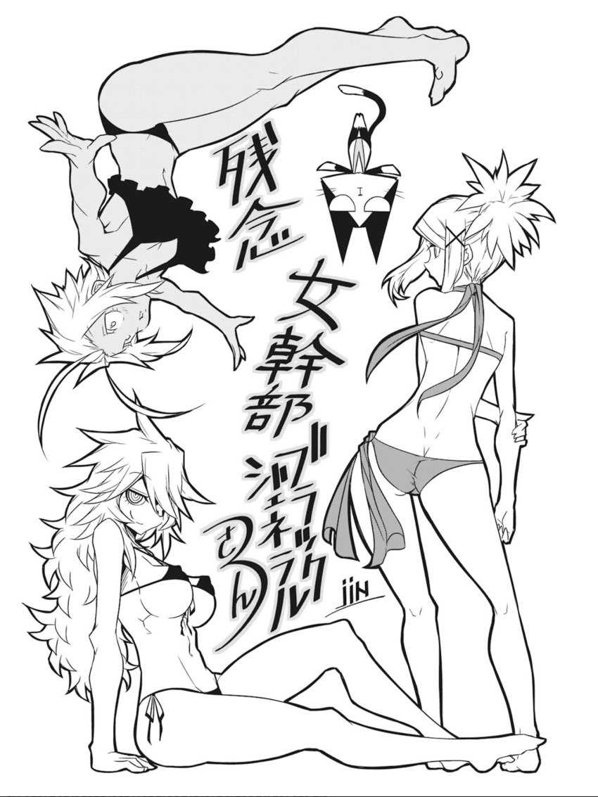 3girls, ahoge, bikini, black_general, cat, gg-chan, greyscale, hair_ornament