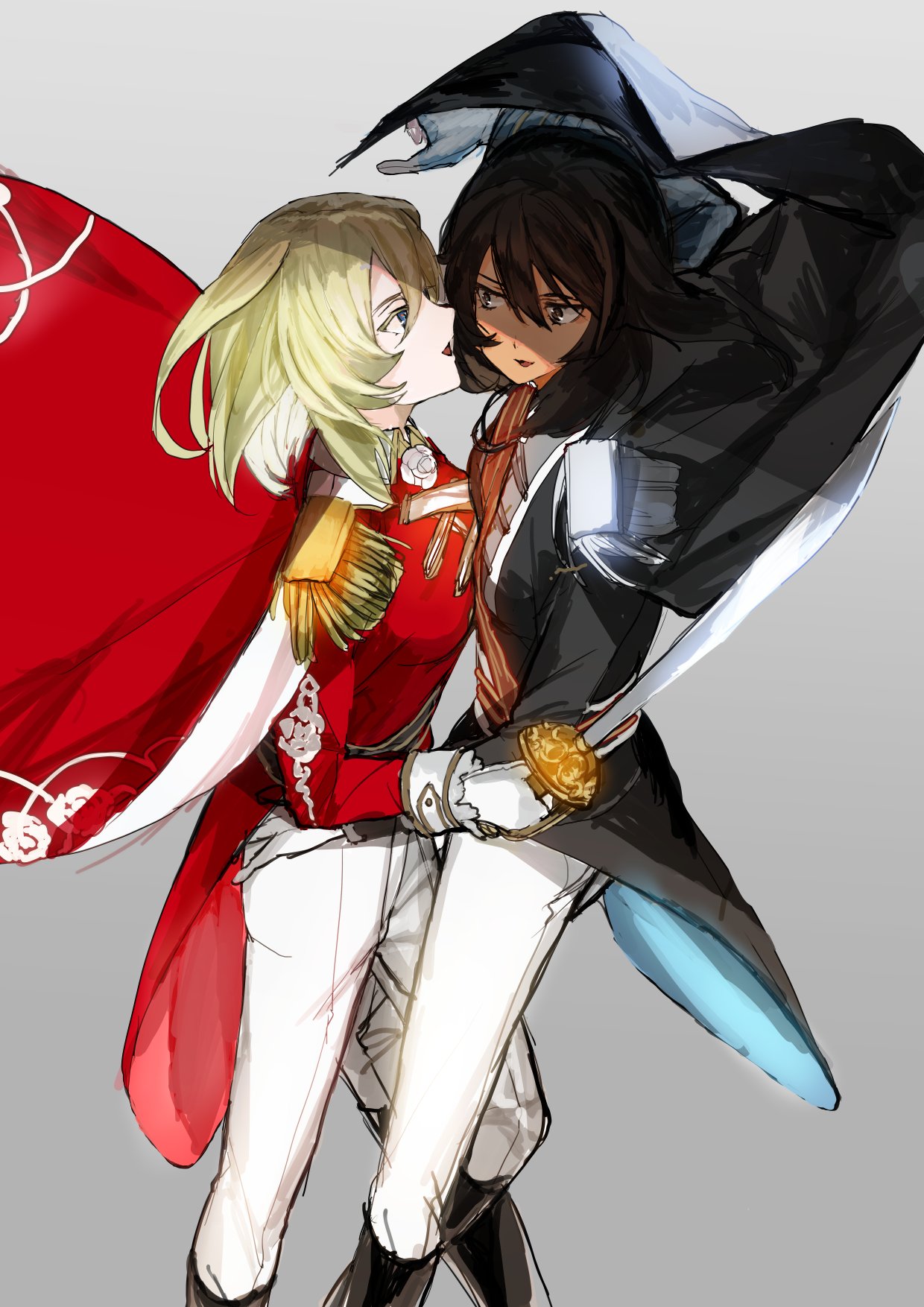 2girls, andou_(girls_und_panzer), andre_grandier, andre_grandier_(cosplay), artoria_pendragon_(all), bangs, black_cape, black_hair