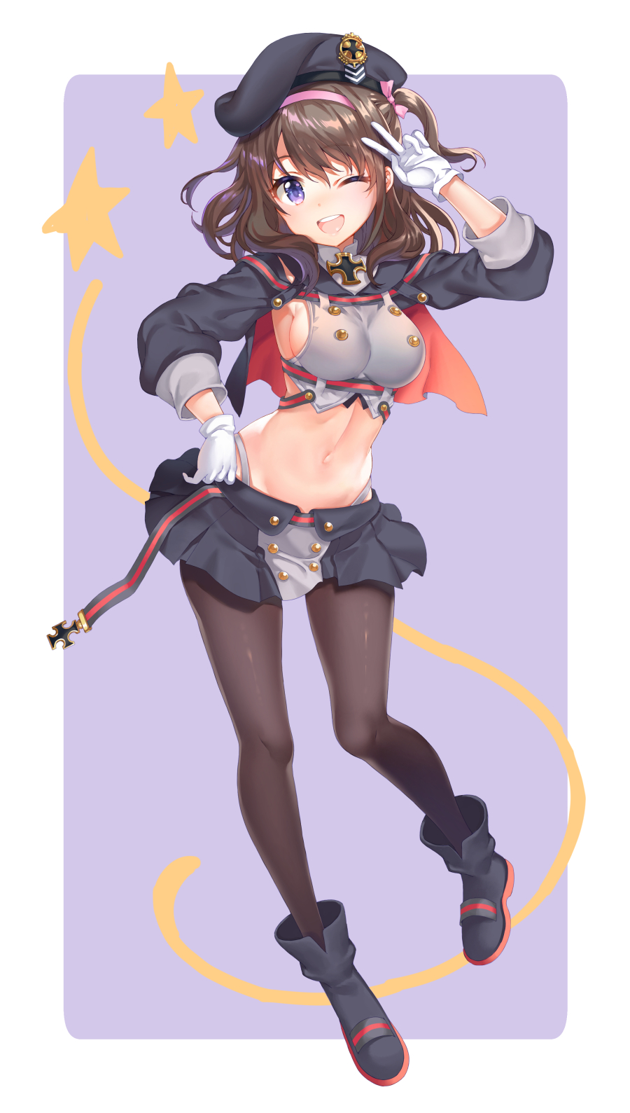 1girl, ;d, arm_up, azur_lane, bangs, beret, black_footwear, black_hat
