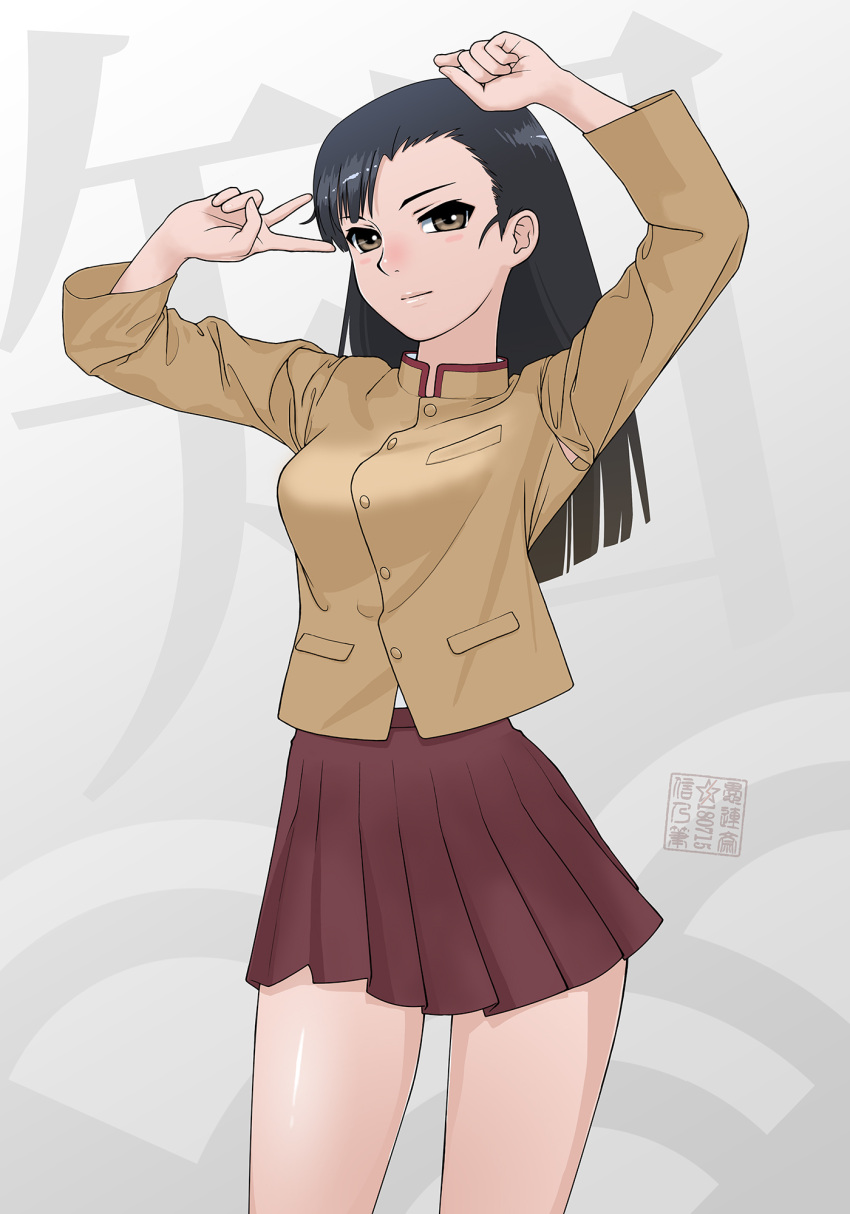 1girl, arm_up, asymmetrical_bangs, background_text, bangs, brown_eyes, brown_hair, brown_jacket