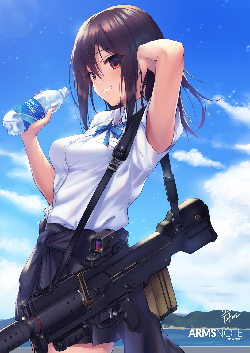 1girl, arm_up, arms_note, bangs, bionic_joshikousei_(fukai_ryousuke), blush, bottle, breasts, brown_eyes, brown_hair, clouds, commentary_request, copyright_name, dress_shirt, fukai_ryousuke, grin, gun, hair_between_eyes, hand_on_own_head, holding, holding_bottle, looking_at_viewer, medium_breasts, ocean, outdoors, shirt, short_sleeves, sidelocks, signature, skirt, sky, smile, solo, standing, water_bottle, weapon, white_shirt