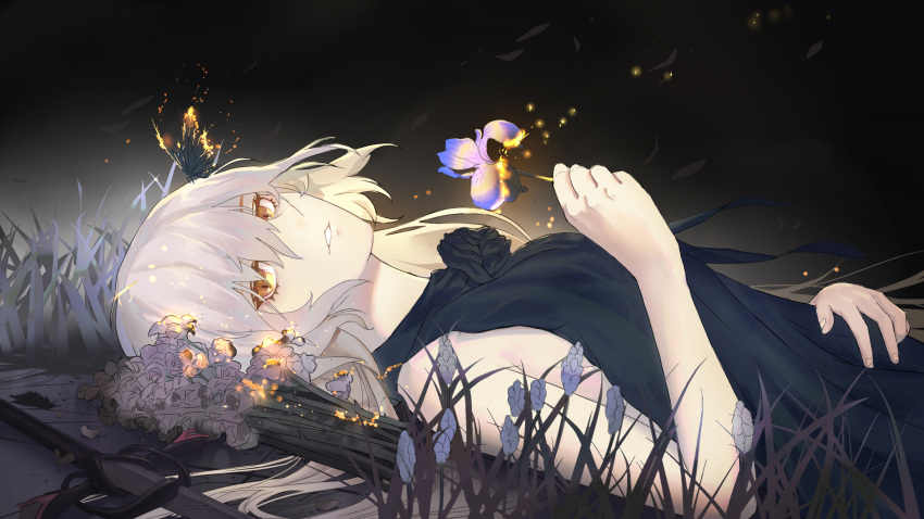 1girl, absurdres, black_background, black_dress, butterfly_on_head, czcz12321, dress, fate/grand_order