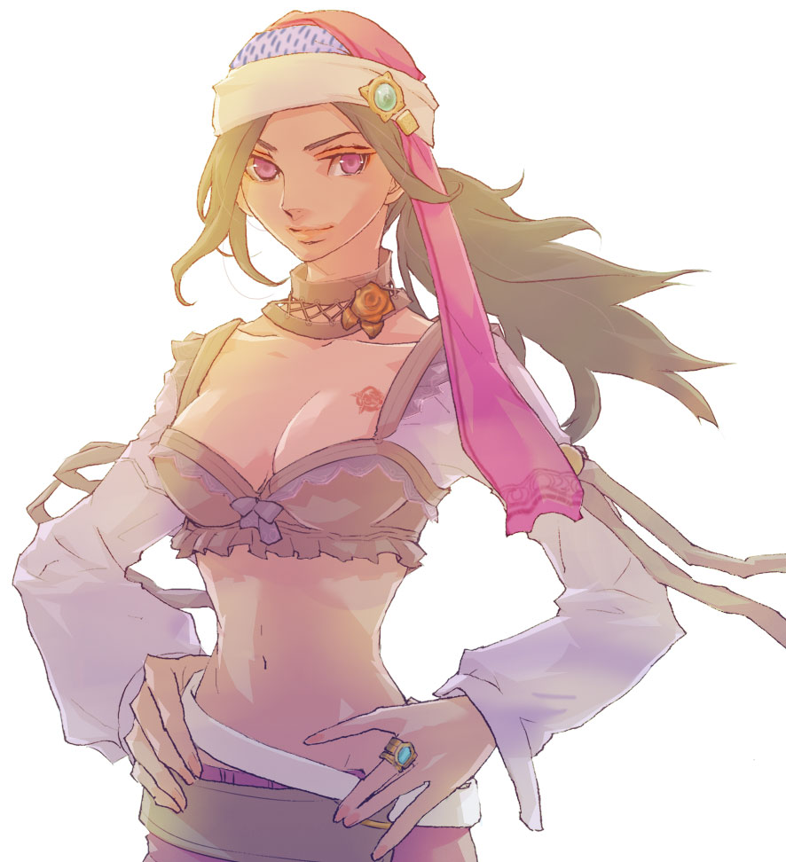 breasts, cleavage, final_fantasy, final_fantasy_ii, jewelry, leila, long_hair, midriff, pirate, purple_eyes, reila, ring, solo, source_request, tattoo, violet_eyes