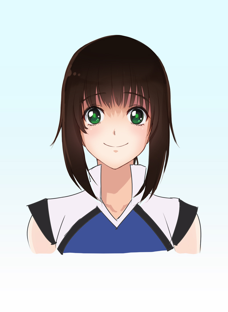1girl, bangs, black_hair, blue_background, gradient, gradient_background, green_eyes, hanebado!