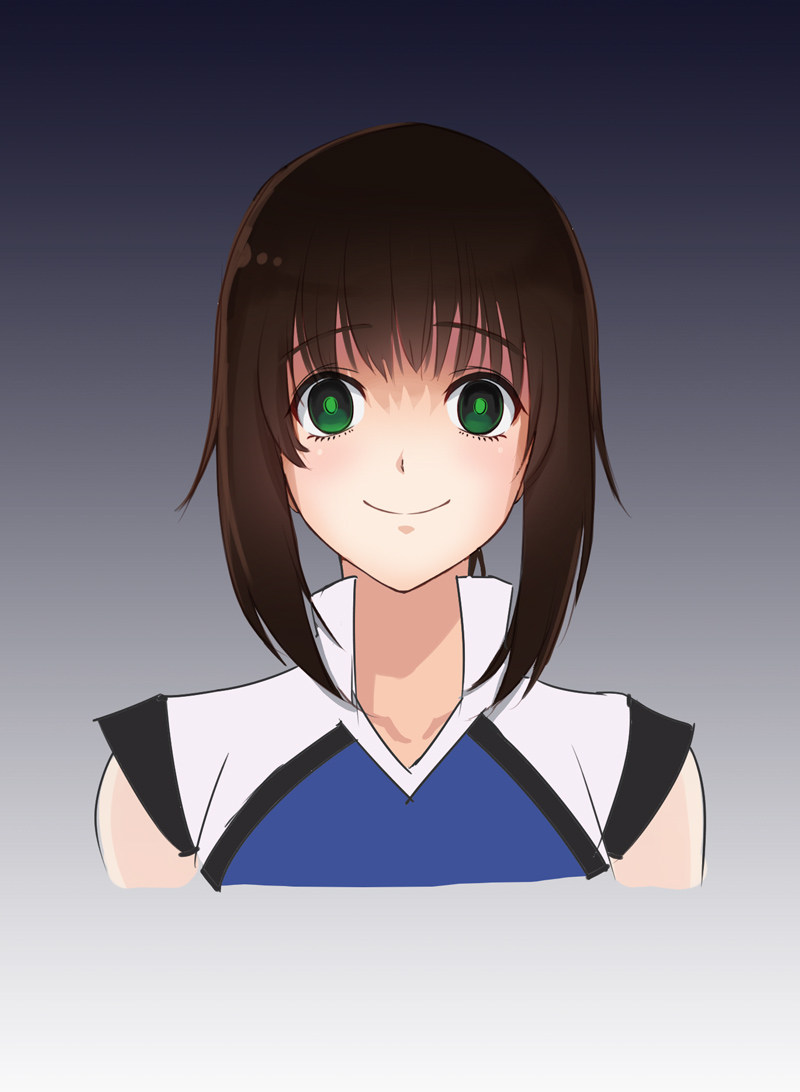 1girl, bangs, black_hair, blue_background, crazy_eyes, empty_eyes, gradient, gradient_background, green_eyes, hanebado!, hanesaki_ayano, looking_at_viewer, naxu, portrait, short_hair_with_long_locks, sidelocks, sleeveless, solo, upper_body