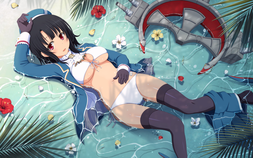 1girl, absurdres, arm_up, ascot, beach, bikini, black_gloves, black_hair