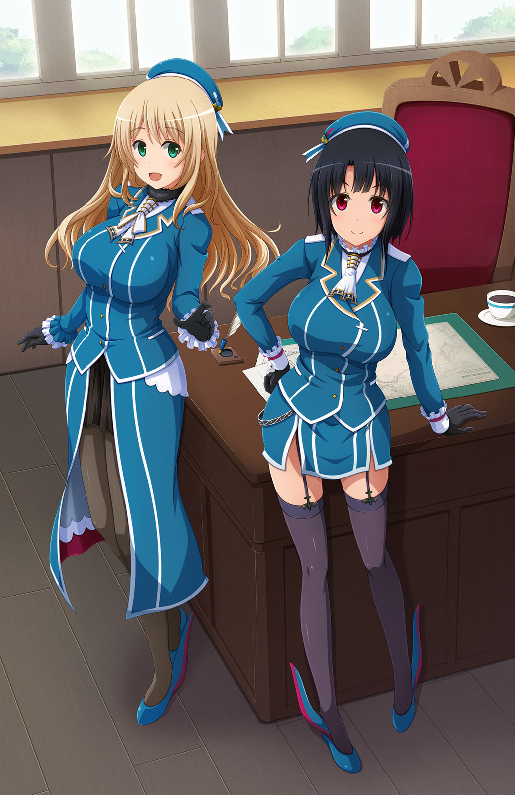 2girls, :d, aqua_eyes, ascot, atago_(kantai_collection), beret, black_gloves, black_hair